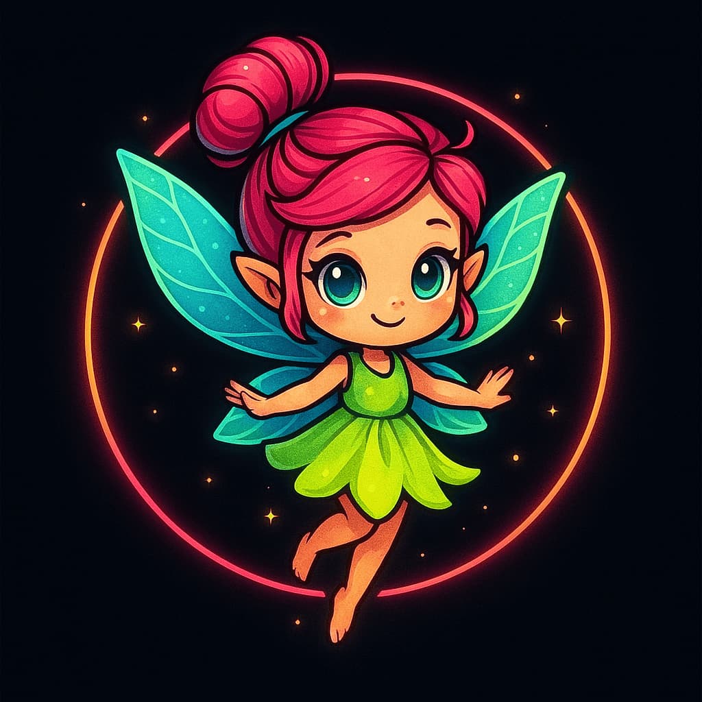 Cartoon fairy girl with pink hair, leaf dress and teal wings