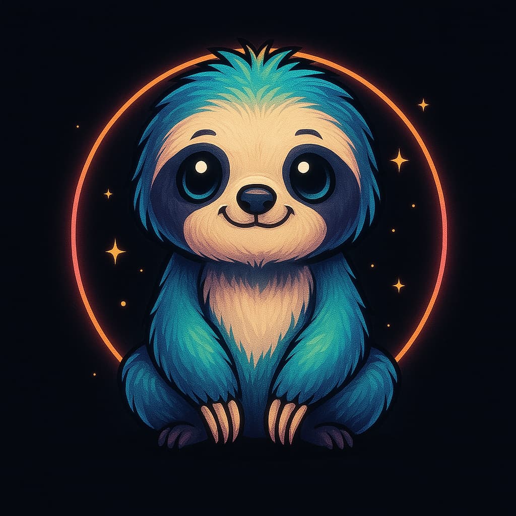 Soft fluffy cartoon sloth glowing inside a neon circle