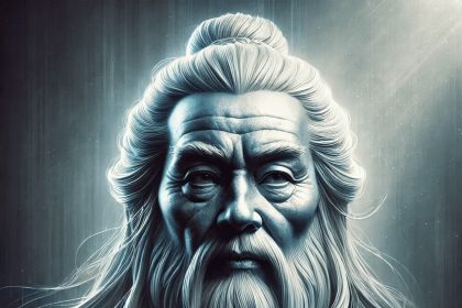 A dramatic, realistic portrait of Lao Tzu with subtle, moody lighting and cool, muted tones.