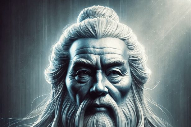 A dramatic, realistic portrait of Lao Tzu with subtle, moody lighting and cool, muted tones.