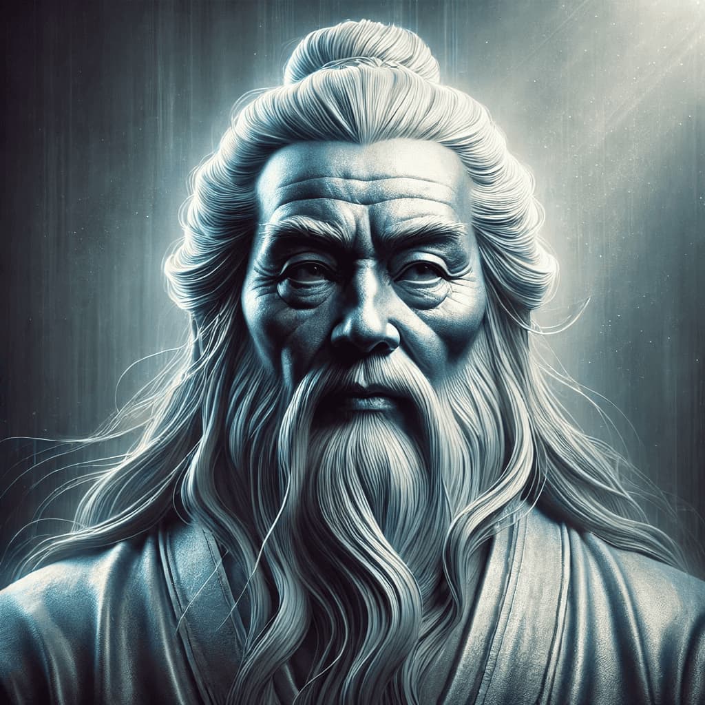 A dramatic, realistic portrait of Lao Tzu with subtle, moody lighting and cool, muted tones.