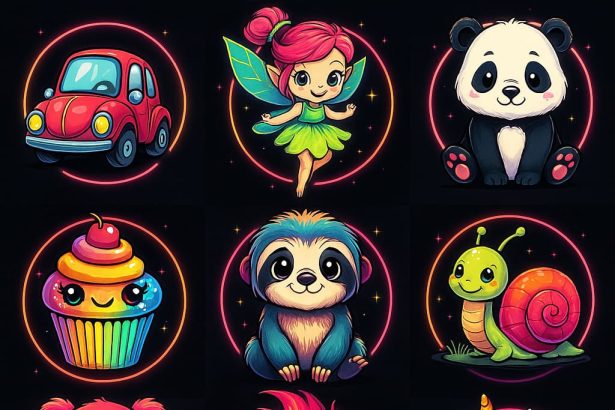 Kawaii sticker-style cartoon characters with neon glow