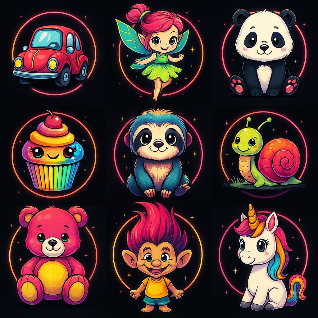 Kawaii sticker-style cartoon characters with neon glow