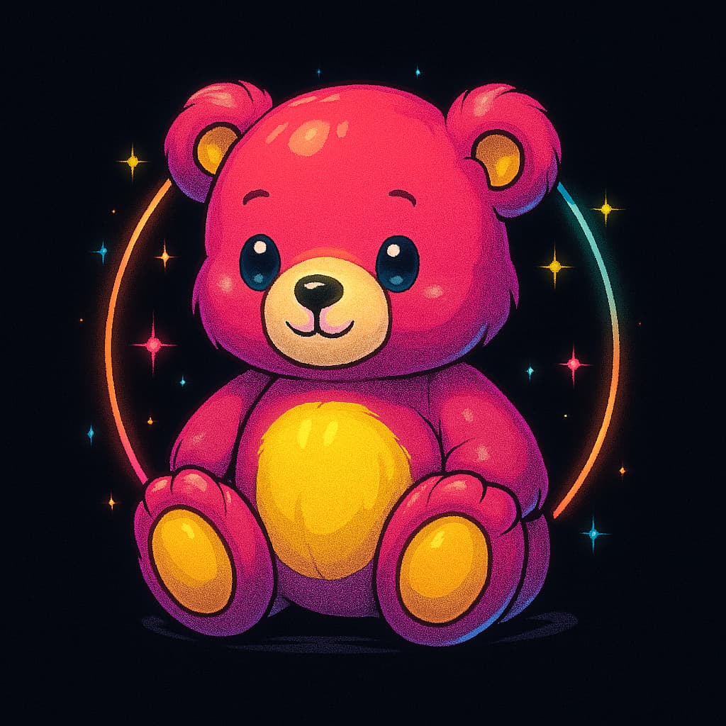 Soft pink teddy bear with bright eyes and rainbow neon background