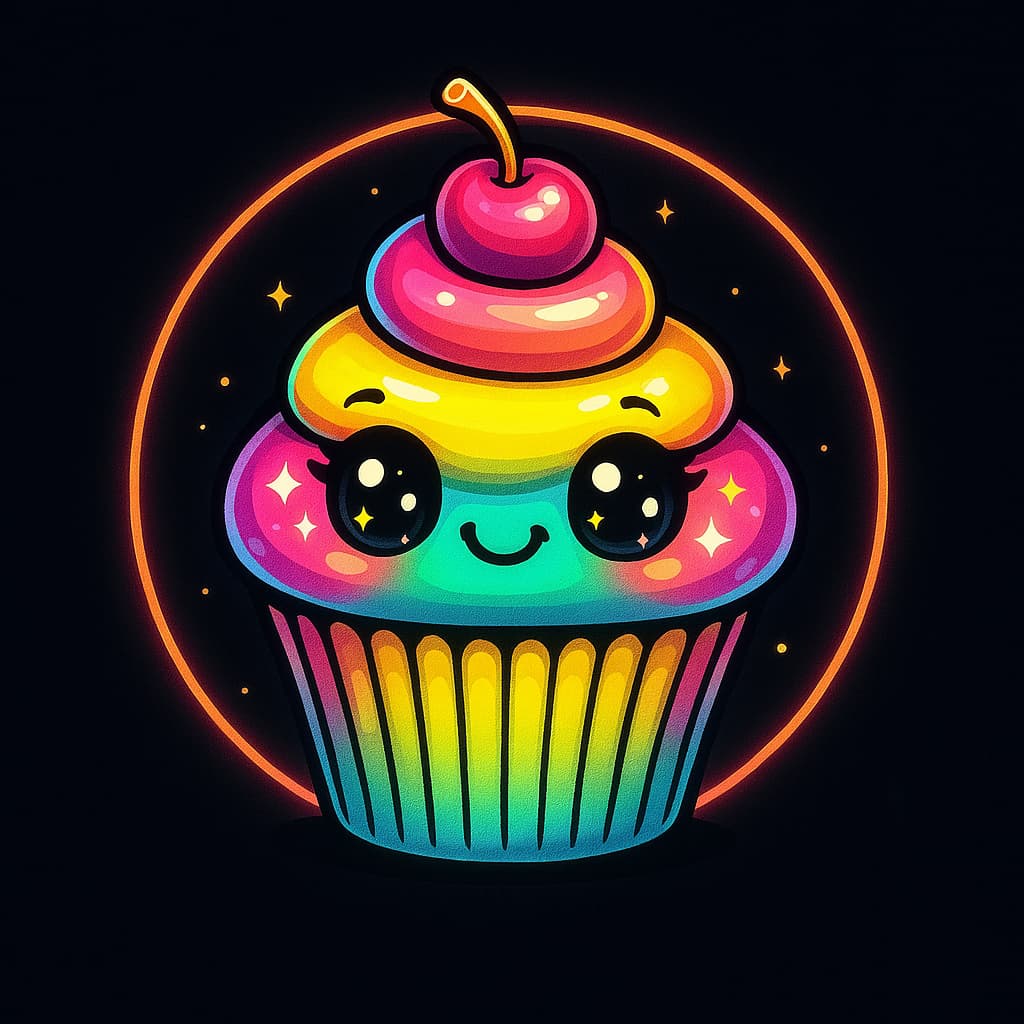 Cartoon rainbow cupcake with cherry on top and glowing face