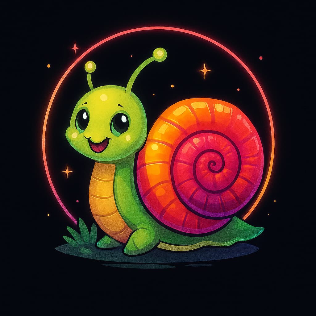 Kawaii rainbow snail with green body and glowing shell