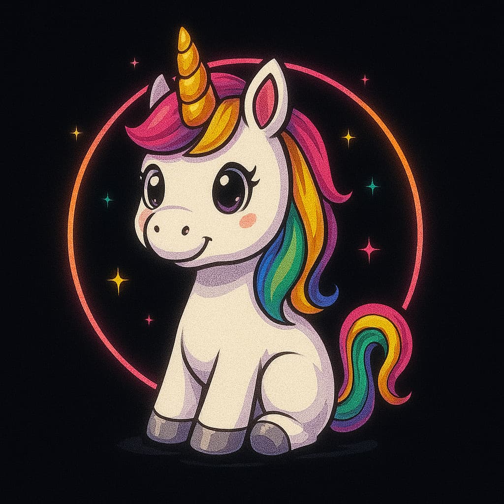 White unicorn with rainbow mane inside a glowing neon ring