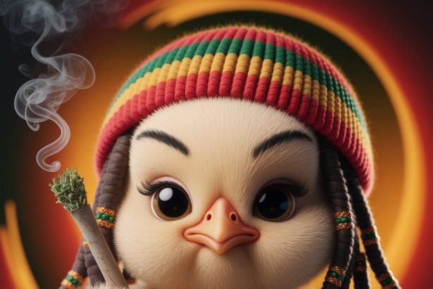 A baby chick with Rastafarian dreadlocks and a reggae beanie.