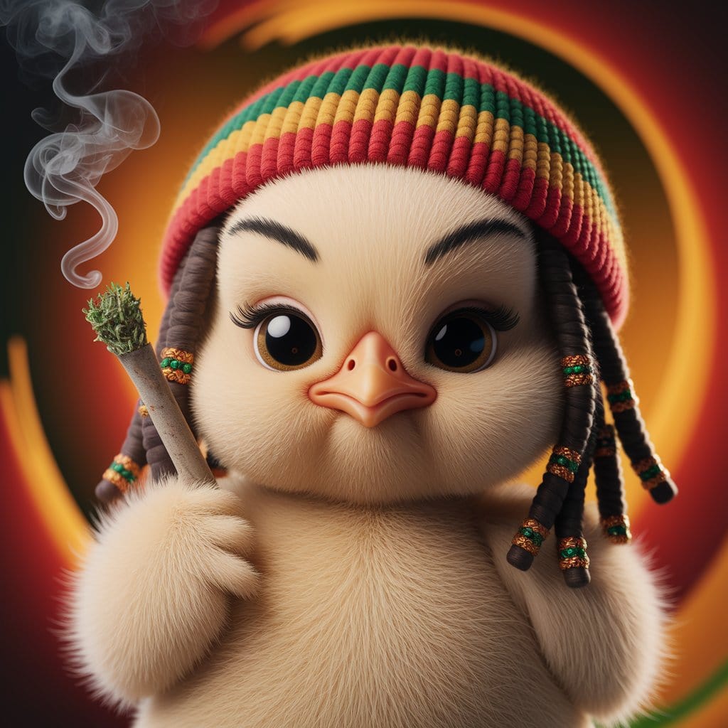 A baby chick with Rastafarian dreadlocks and a reggae beanie.