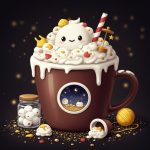 Whimsical beverage illustration showing a stylized oversized cup with magical elements and a smiling character in dreamlike setting