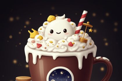 Whimsical beverage illustration showing a stylized oversized cup with magical elements and a smiling character in dreamlike setting