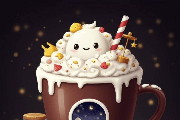Whimsical beverage illustration showing a stylized oversized cup with magical elements and a smiling character in dreamlike setting