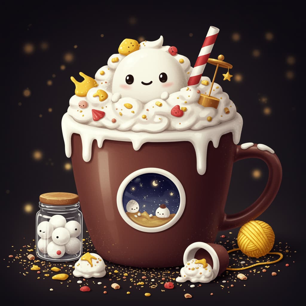 Whimsical beverage illustration showing a stylized oversized cup with magical elements and a smiling character in dreamlike setting