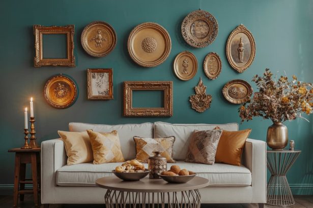 Vintage living room image prompt with teal walls and ornate decor