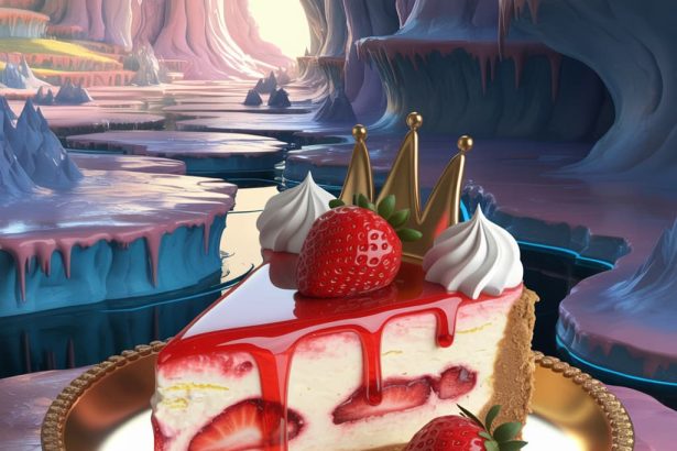 Digital graphic of a royal strawberry cheesecake in a fantasy setting