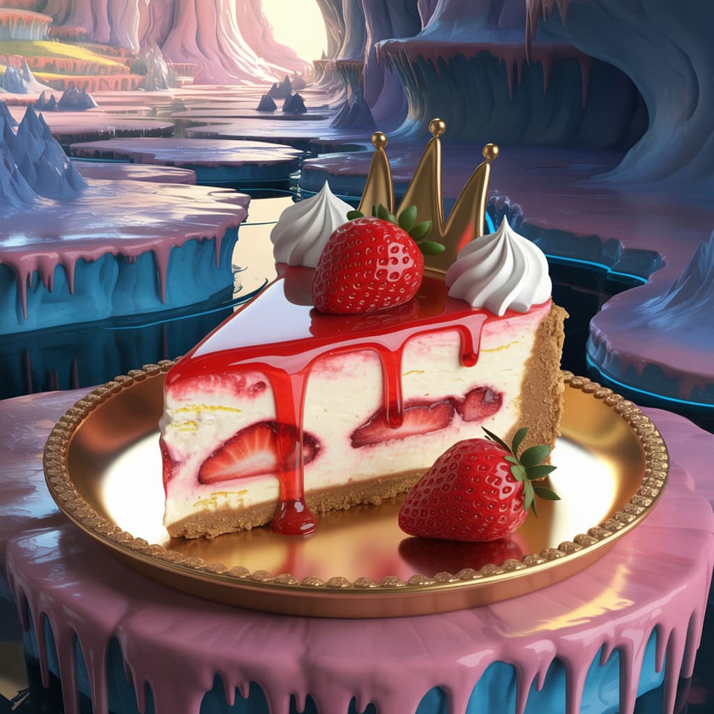 Digital graphic of a royal strawberry cheesecake in a fantasy setting