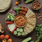 Overhead shot of a wooden platter with veggies, flatbreads, and dips for a graphic prompt