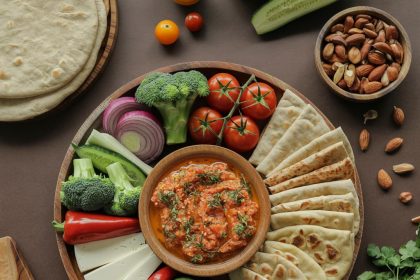 Overhead shot of a wooden platter with veggies, flatbreads, and dips for a graphic prompt