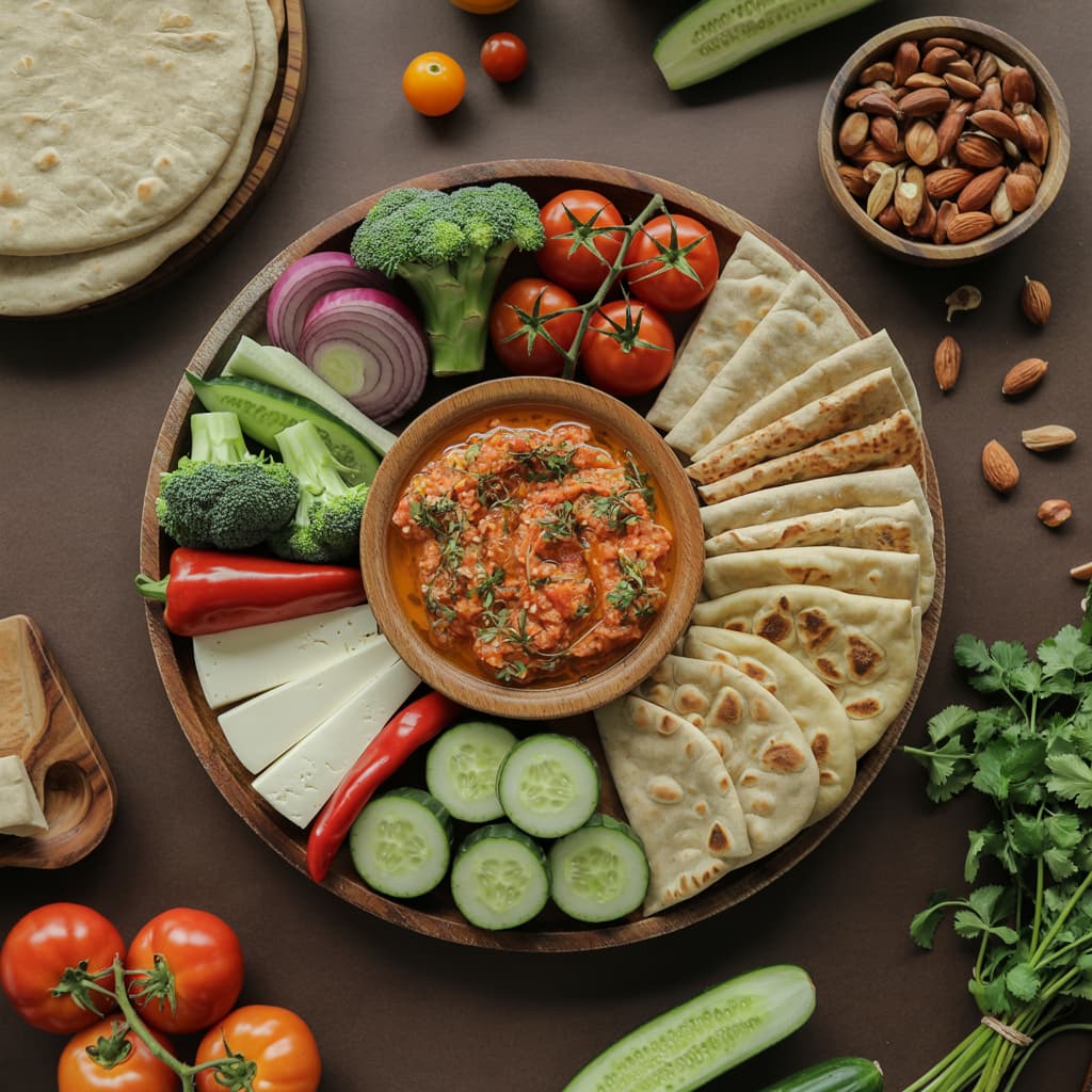 Overhead shot of a wooden platter with veggies, flatbreads, and dips for a graphic prompt