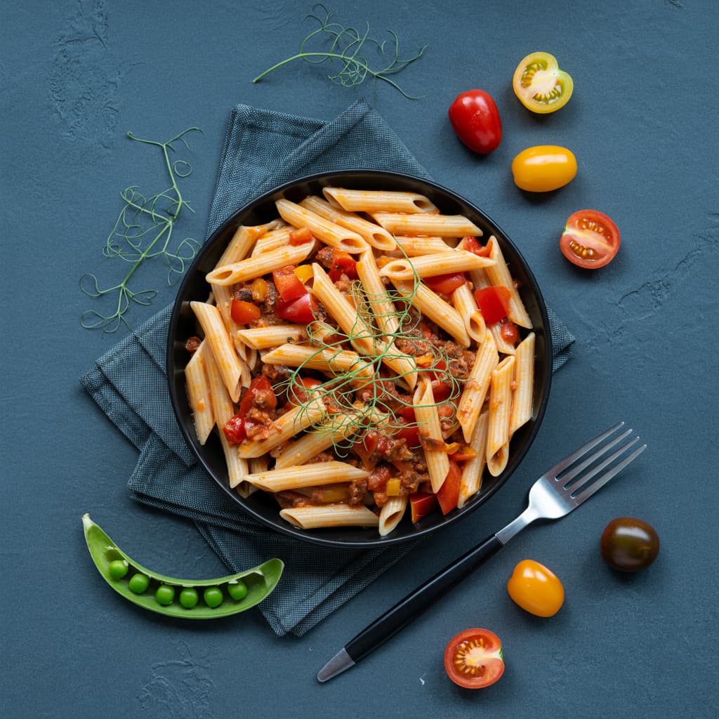 Overhead shot of a black bowl filled with penne pasta and meat sauce with colorful garnishes for a food photography prompt
