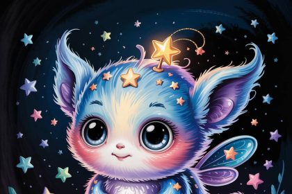 Magical creature image prompt with fairy-like, fluffy blue and lavender sprite