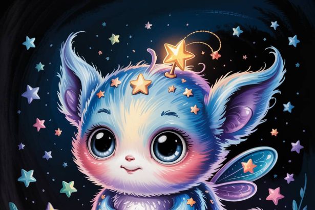 Magical creature image prompt with fairy-like, fluffy blue and lavender sprite