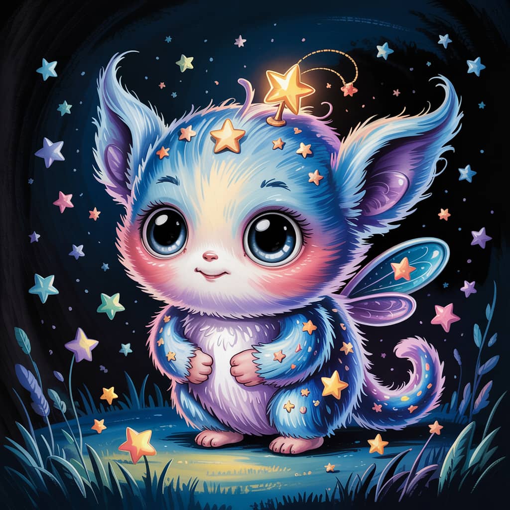 Magical creature image prompt with fairy-like, fluffy blue and lavender sprite