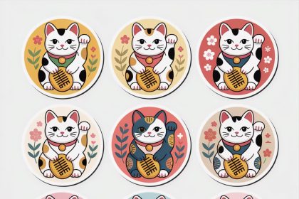Nine hand-drawn lucky cat stickers with traditional Japanese patterns in circular borders, created using detailed lucky cat image prompt