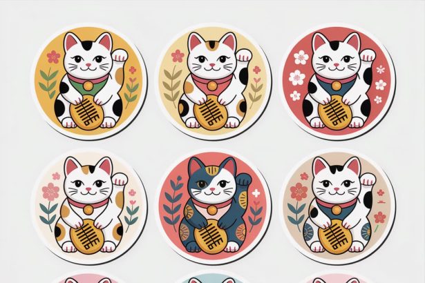 Nine hand-drawn lucky cat stickers with traditional Japanese patterns in circular borders, created using detailed lucky cat image prompt