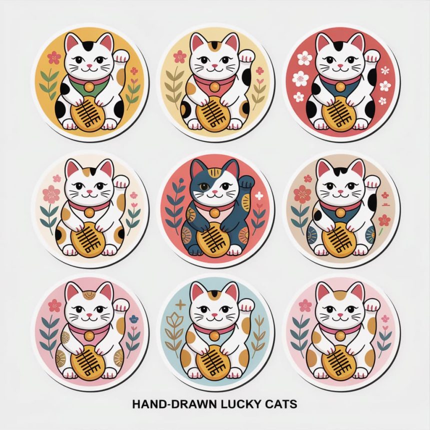 Nine hand-drawn lucky cat stickers with traditional Japanese patterns in circular borders, created using detailed lucky cat image prompt
