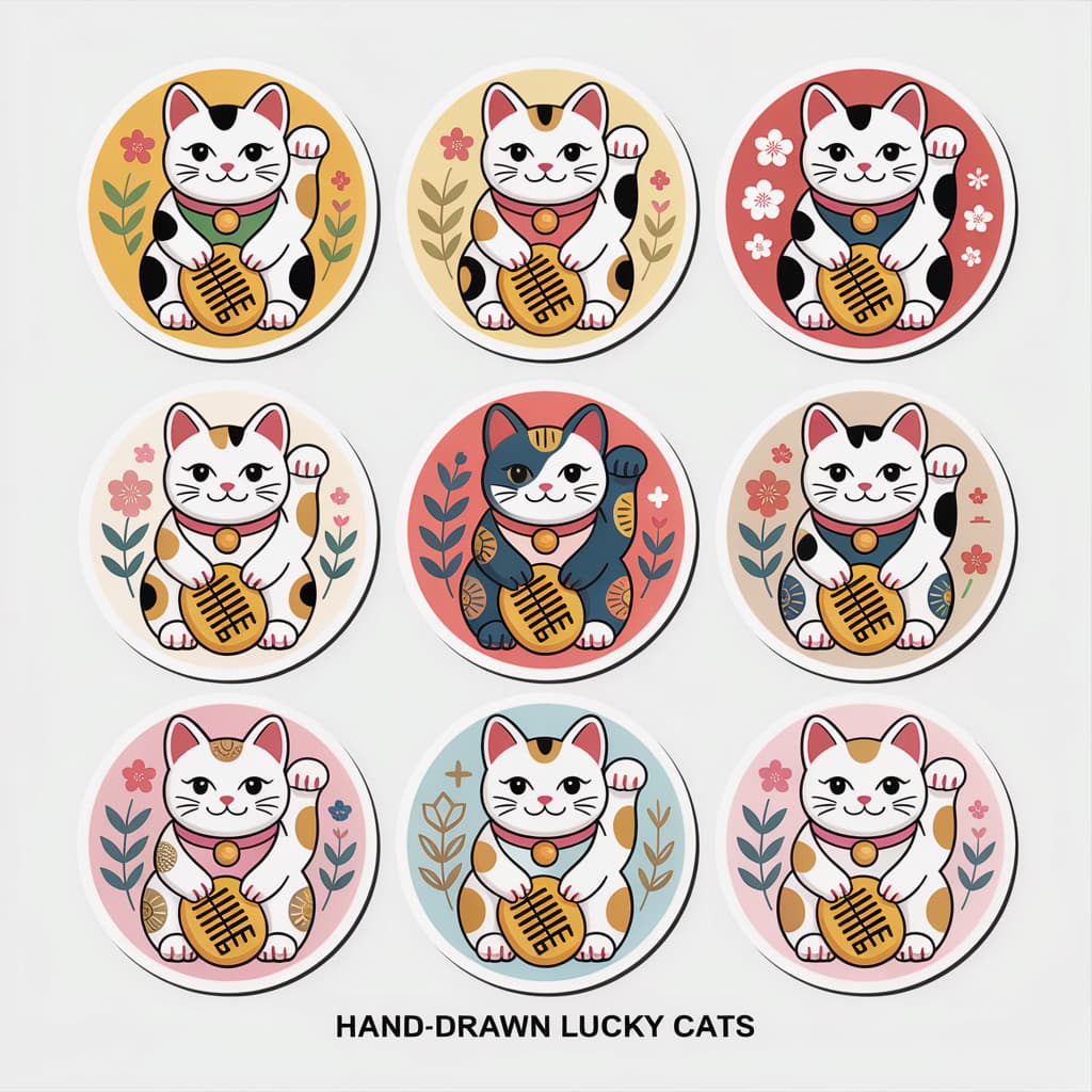 Nine hand-drawn lucky cat stickers with traditional Japanese patterns in circular borders, created using detailed lucky cat image prompt