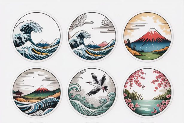 Nine traditional Japanese woodblock stickers featuring Mt. Fuji, cherry blossoms, and cranes created using ukiyo-e sticker prompt techniques