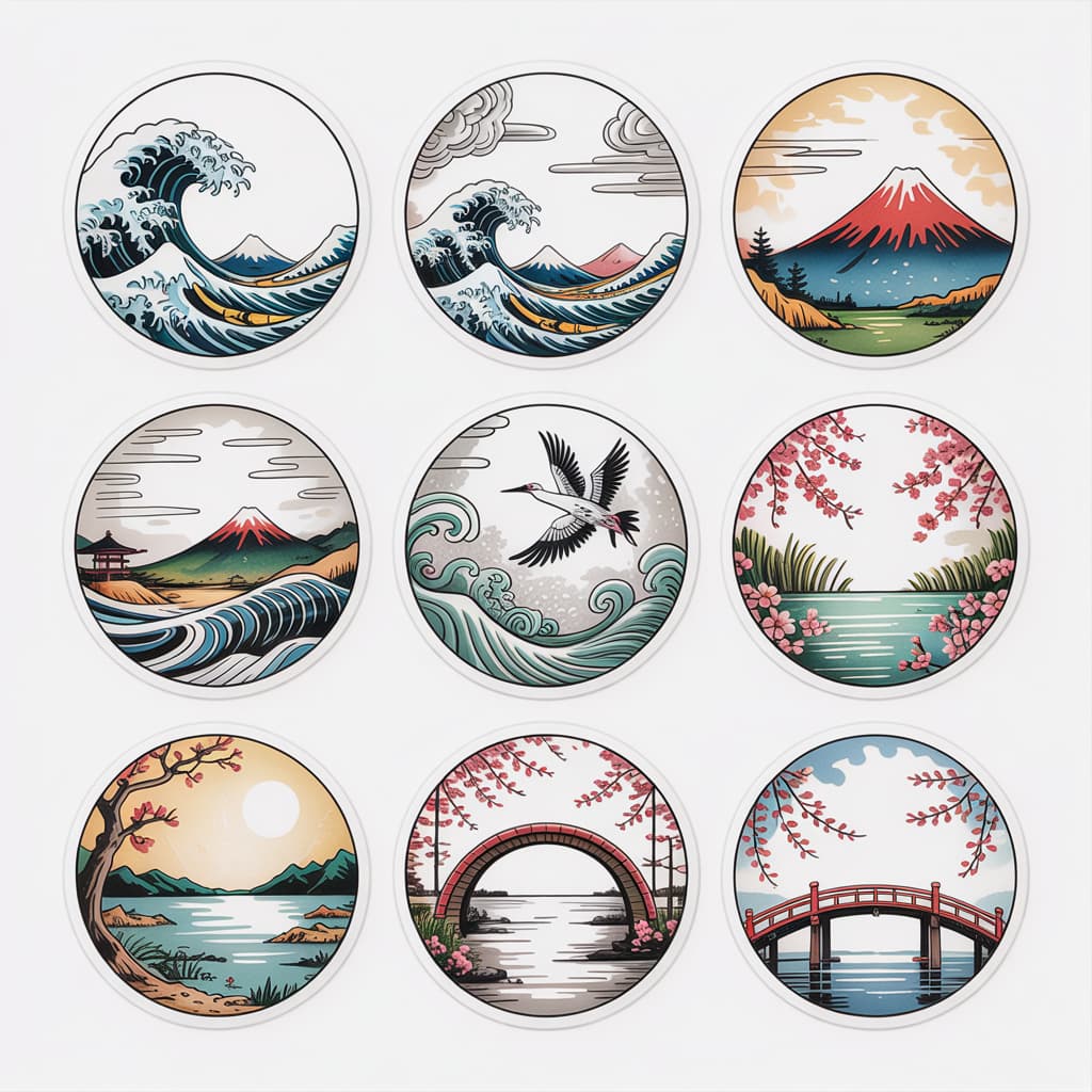 Nine traditional Japanese woodblock stickers featuring Mt. Fuji, cherry blossoms, and cranes created using ukiyo-e sticker prompt techniques
